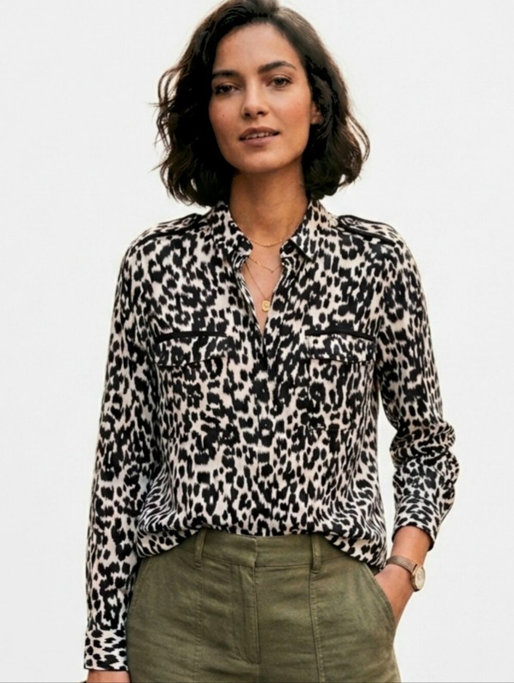 Zara Woman Leopard Print Button Down Blouse Epaulets Flap Pockets Size Small